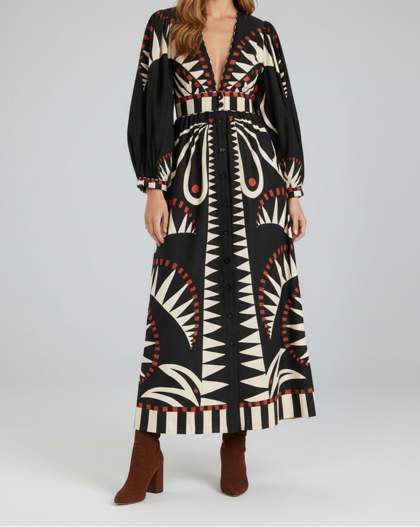 Women's Printed Maxi Dress with V-Neck and Long Sleeves