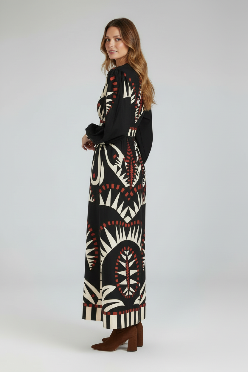 Women’s Printed Maxi Dress with V-Neck and Long Sleeves