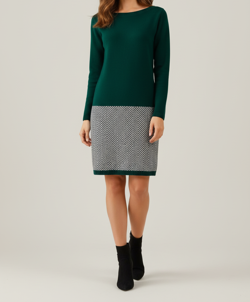 Short Dress with Long Sleeves and Patterned Hem