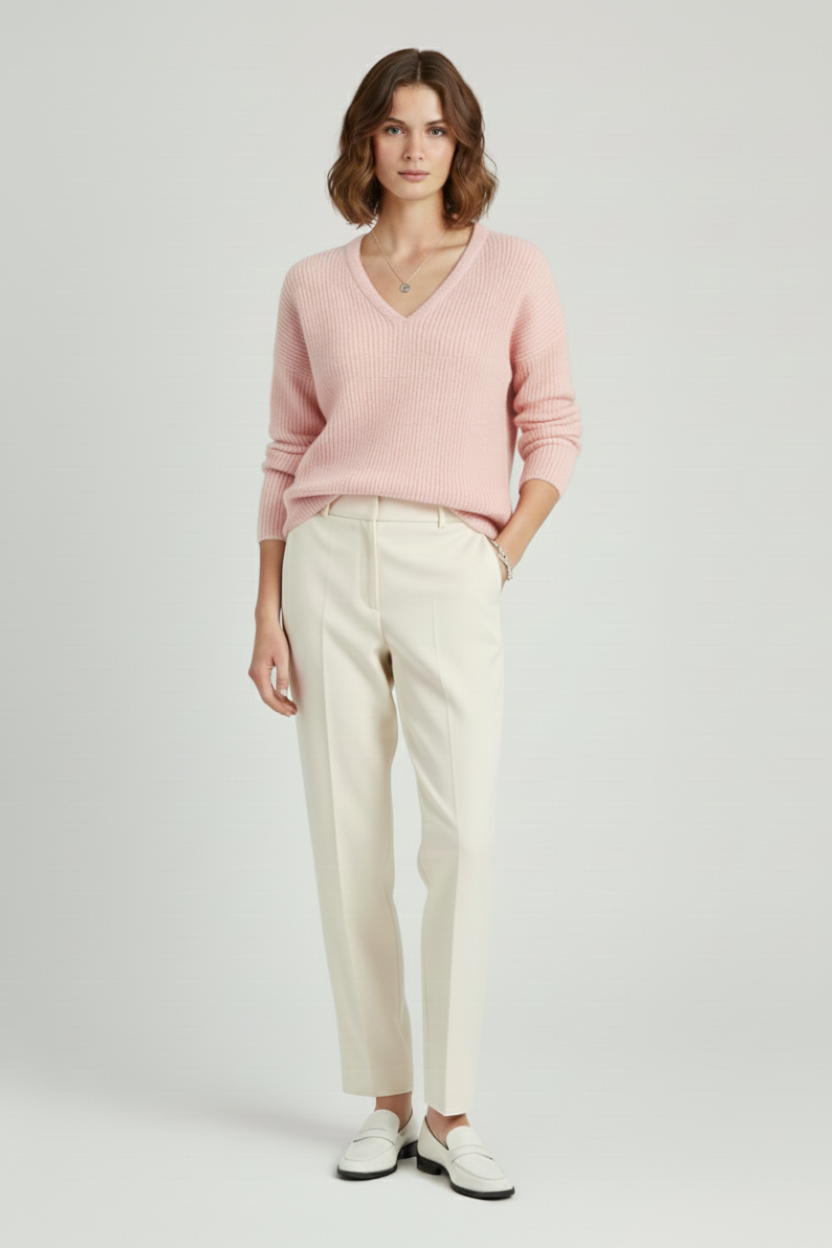 Ribbed V Neck Womens Pullover with Straight Hem