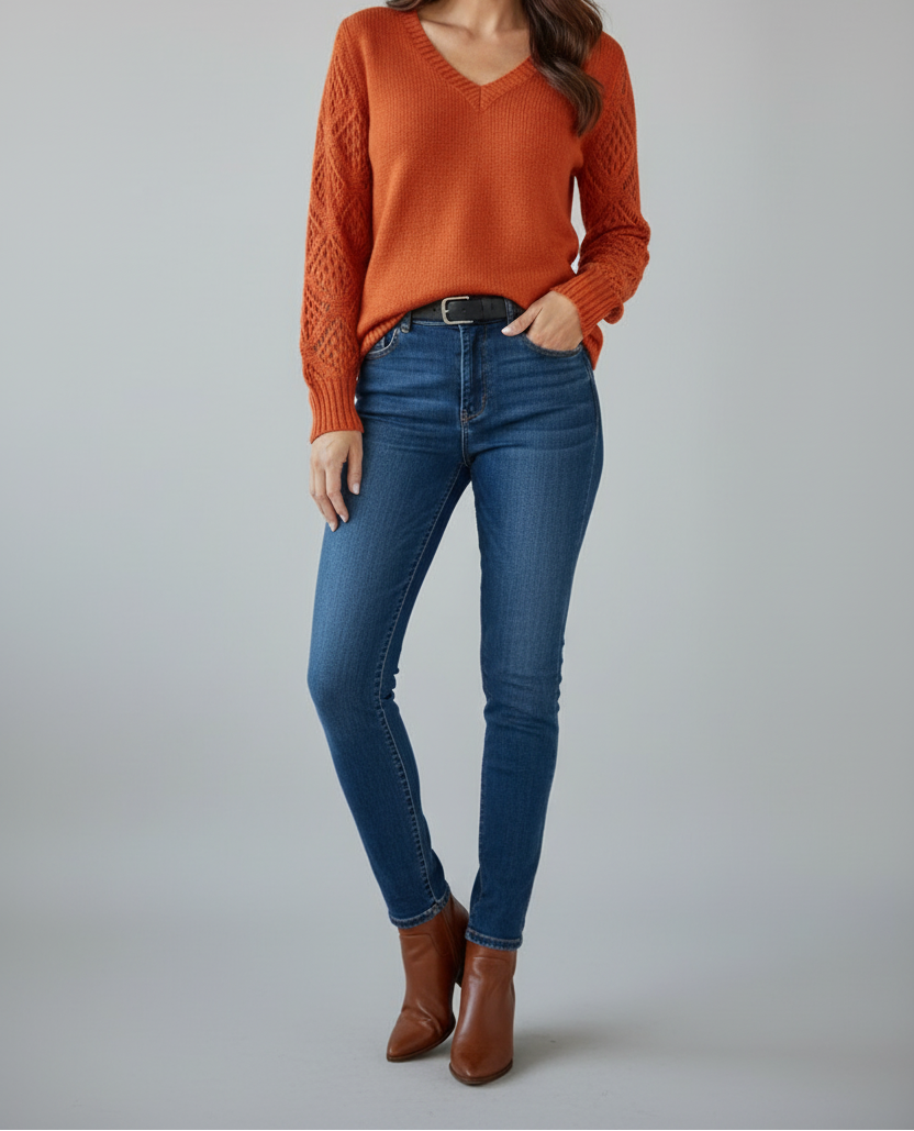 V Neck Knit Jumper with Long Sleeves and Textured Finish
