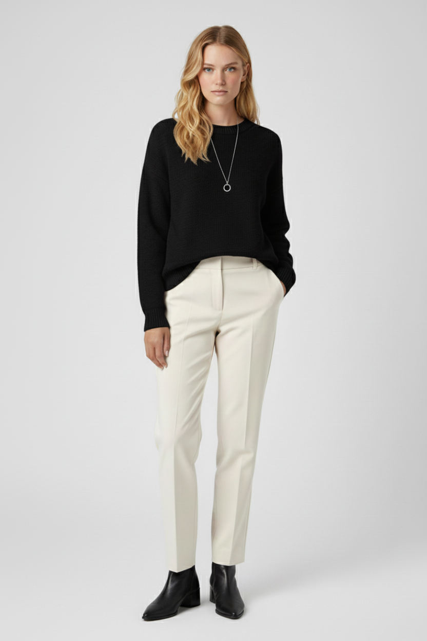 Klassisk Rund Udsnit Strik Sweater med Lange Ærmer