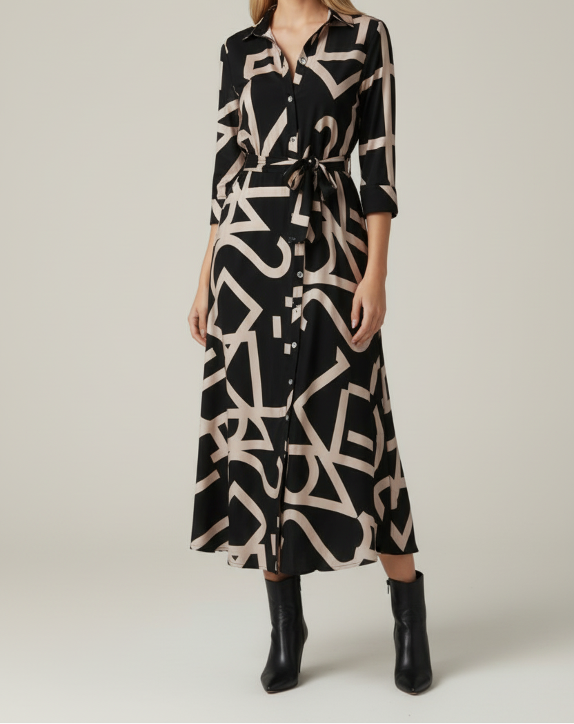 Patterned Midi Dress with Collar and Waist Tie