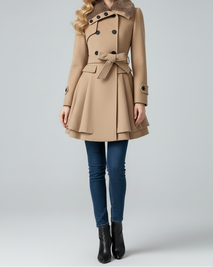 Womens Coat with Textured Collar and Belted Waist Fit