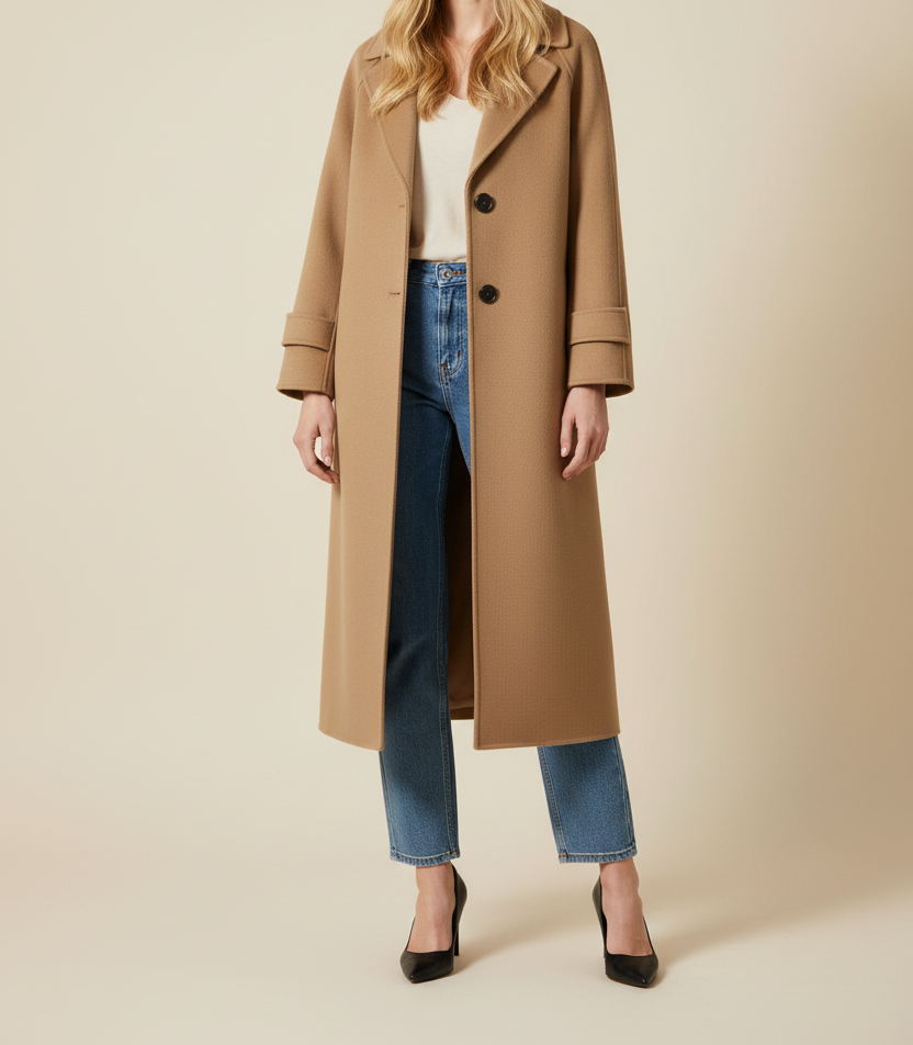 Straight Cut Womens Long Coat with Textured Surface