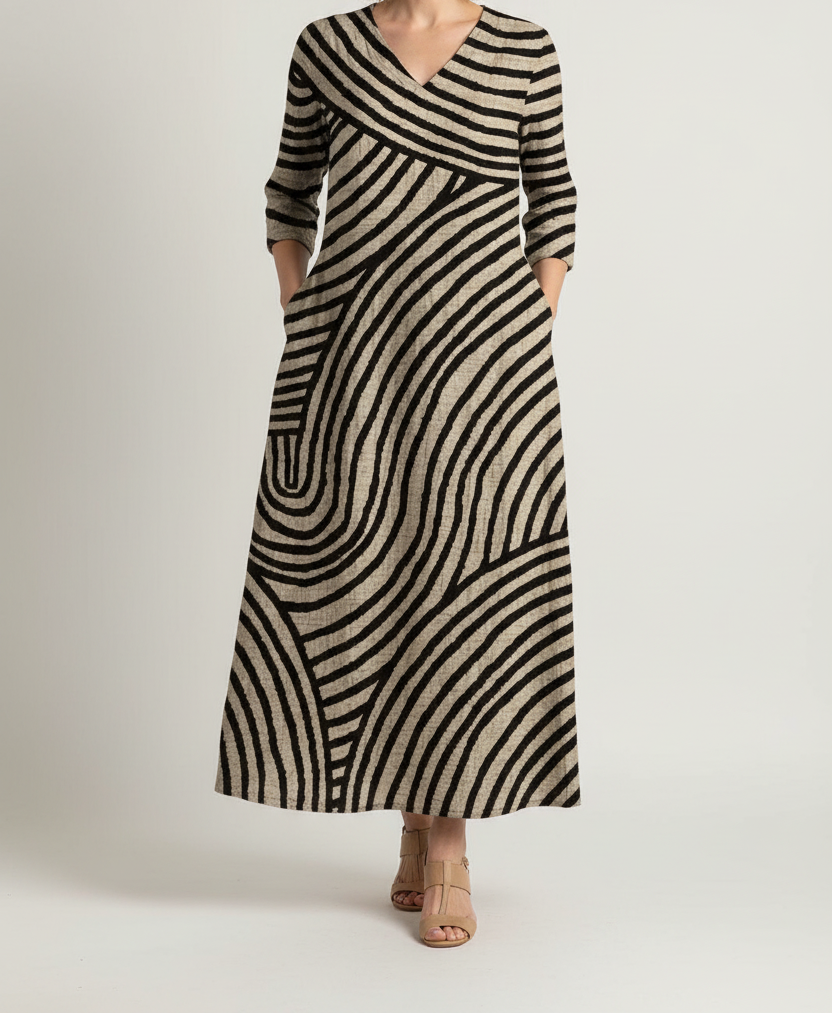 Vintage Striped Dress with V Neckline and Flowing Silhouette