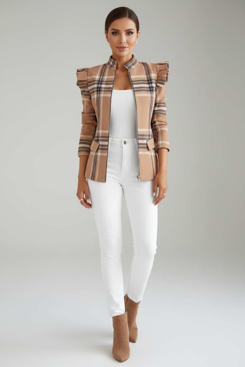 Patterned Womens Jacket with Stand Up Collar and Zip Front
