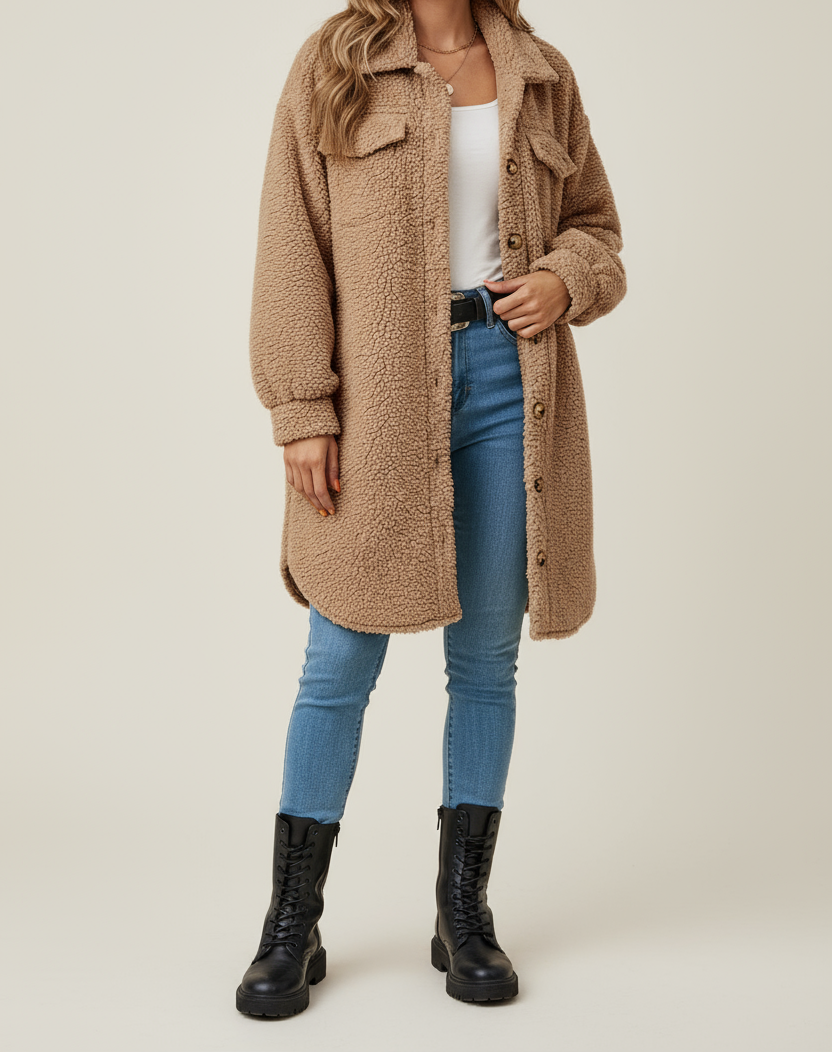 Oversized Sherpa Coat Women with Classic Details