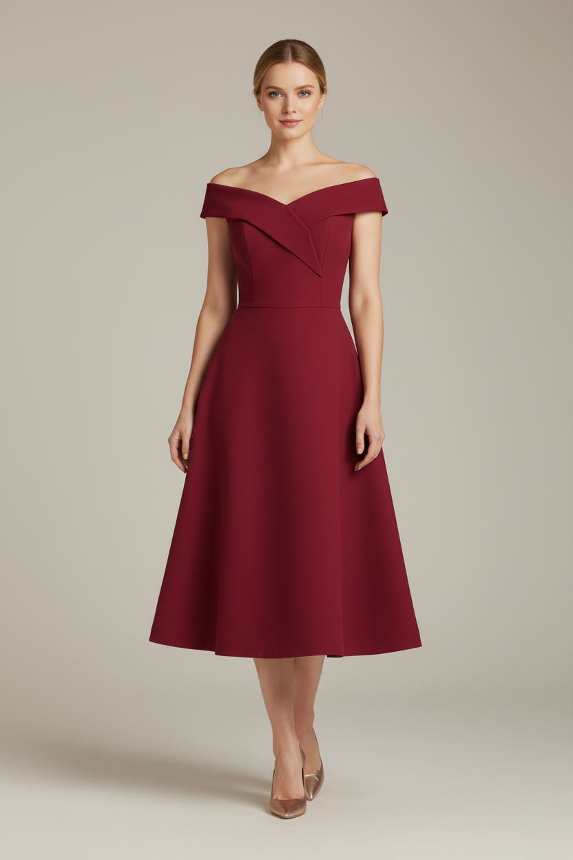 Off Shoulder Midi Dress with Shaped Bodice and Flared Skirt