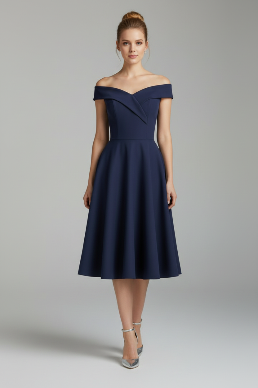 Off Shoulder Midi Dress with Shaped Bodice and Flared Skirt