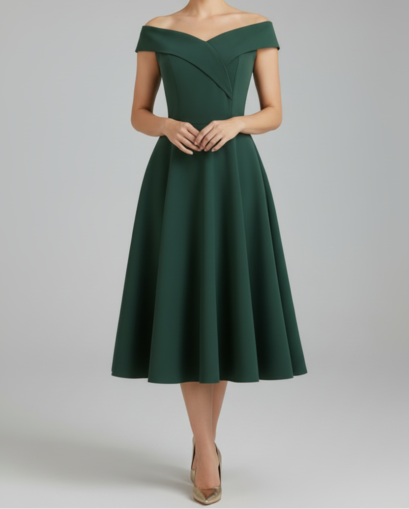 Off Shoulder Midi Dress with Shaped Bodice and Flared Skirt