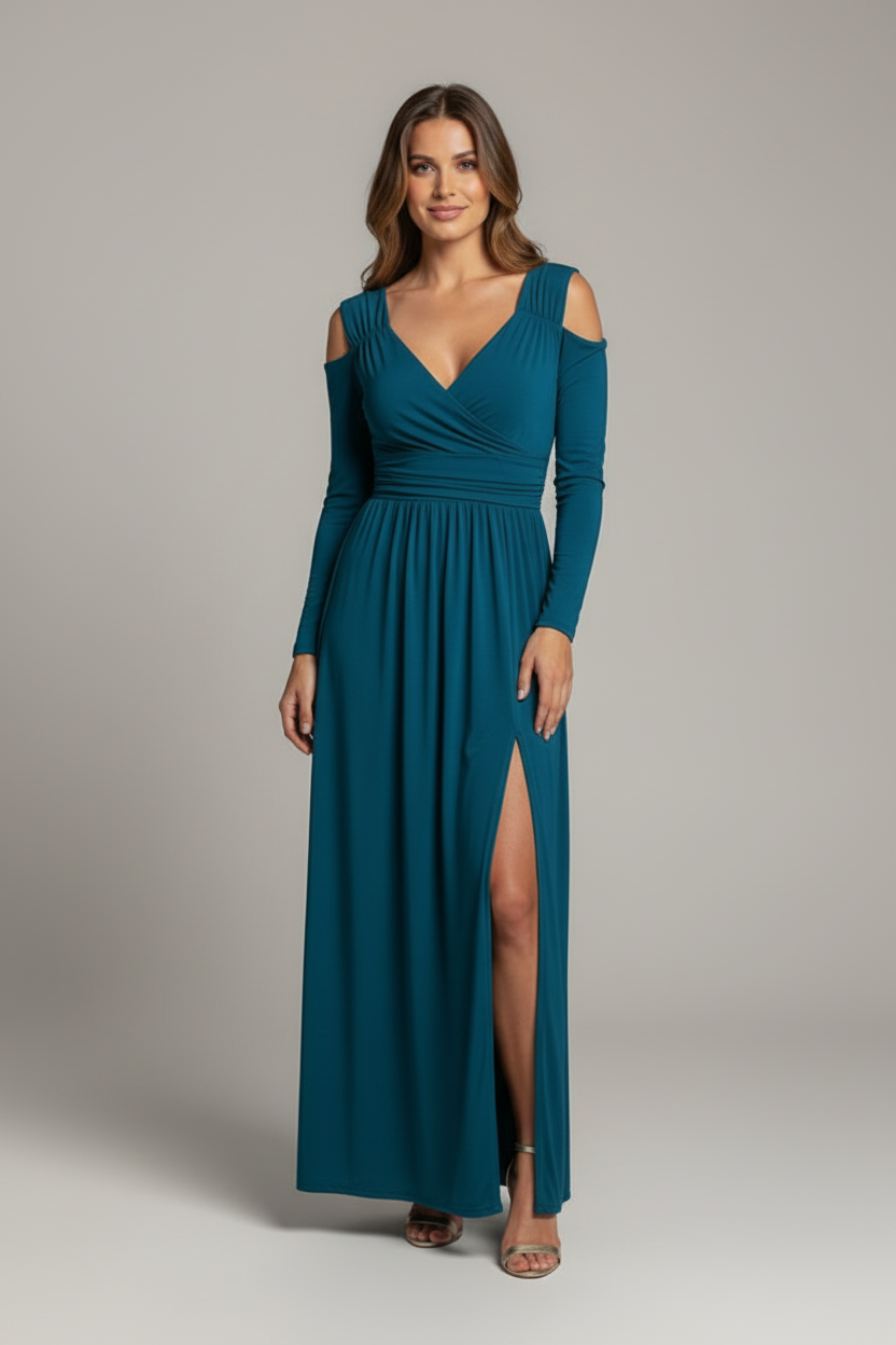 V Neck Maxi Dress with Shoulder Cut Outs and Side Slit