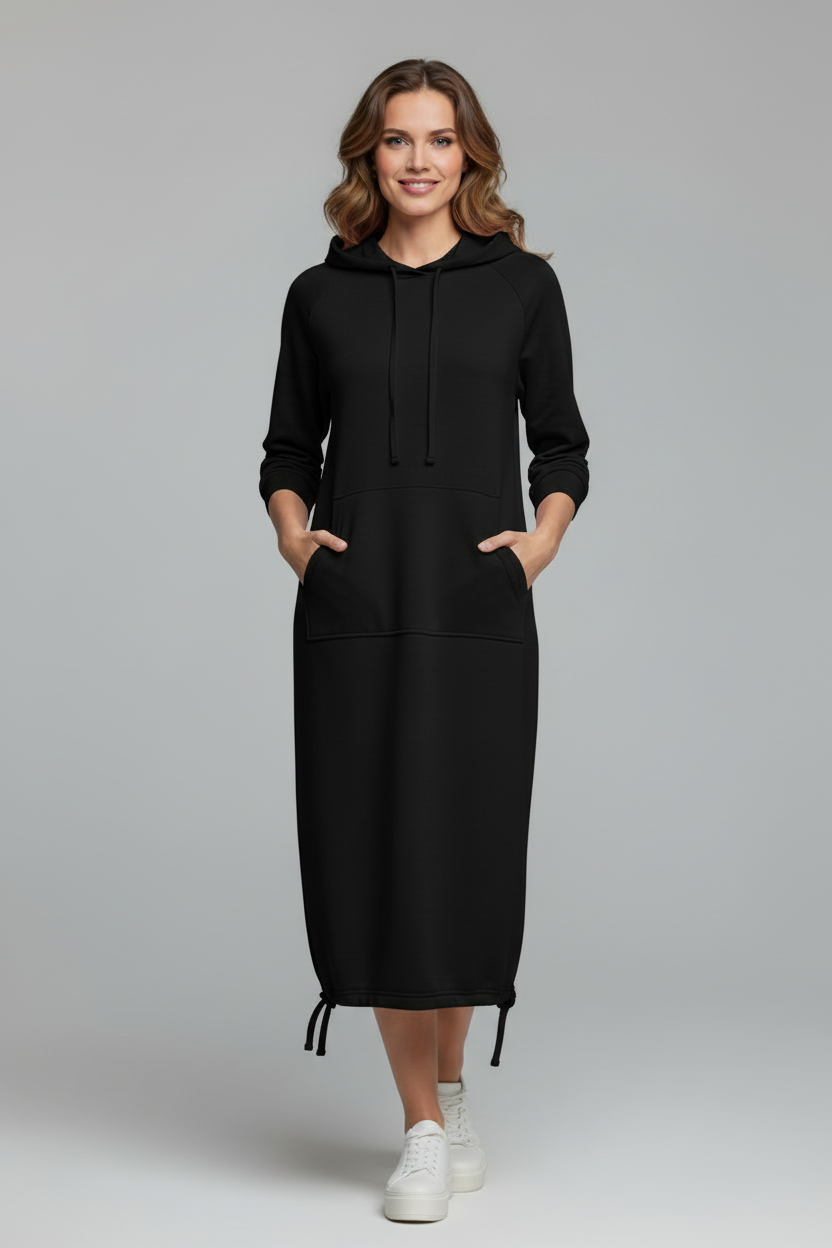 Hooded Knee Length Dress with Drawstring Hem and Front Pocket