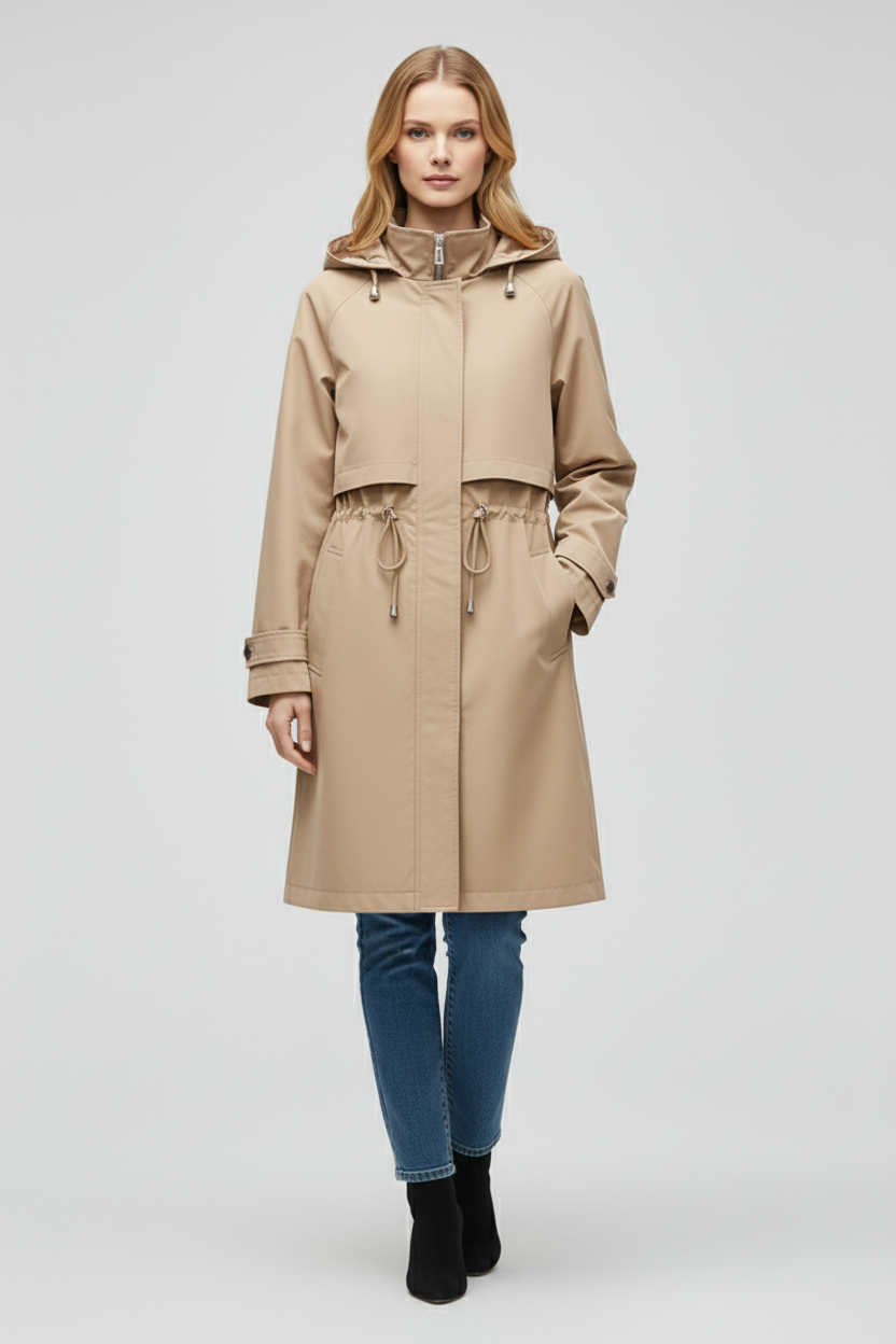 Long Womens Trench Coat with Hood Adjustable Waist and Zip Front