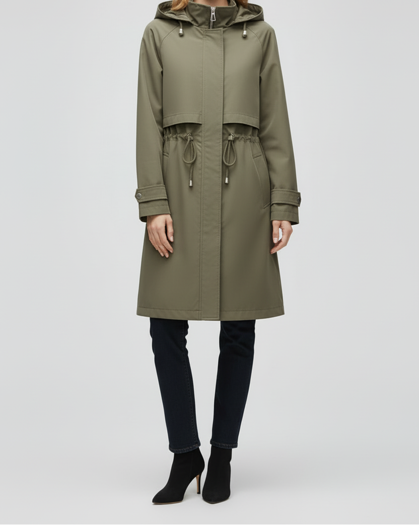 Long Womens Trench Coat with Hood Adjustable Waist and Zip Front