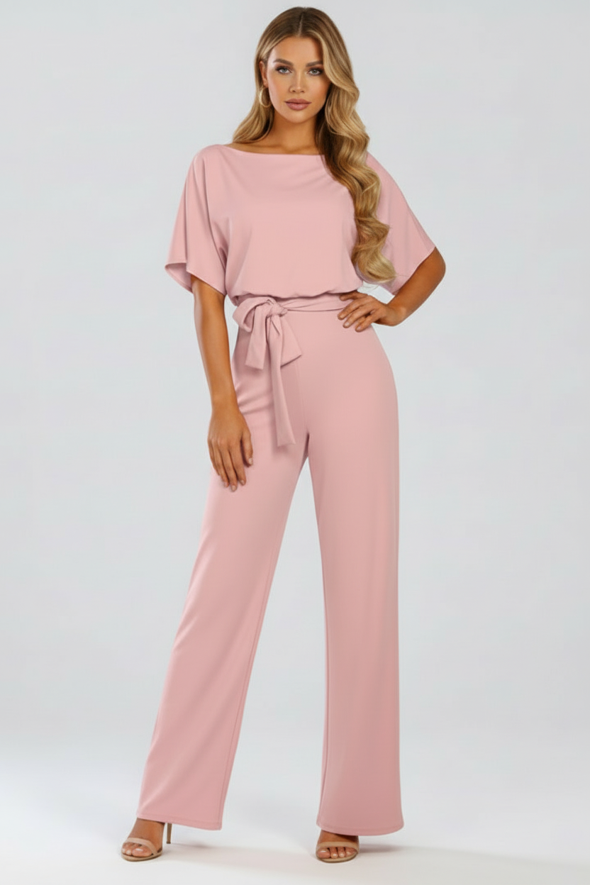 Round Neck Jumpsuit with Tie Waist and Wide Legs
