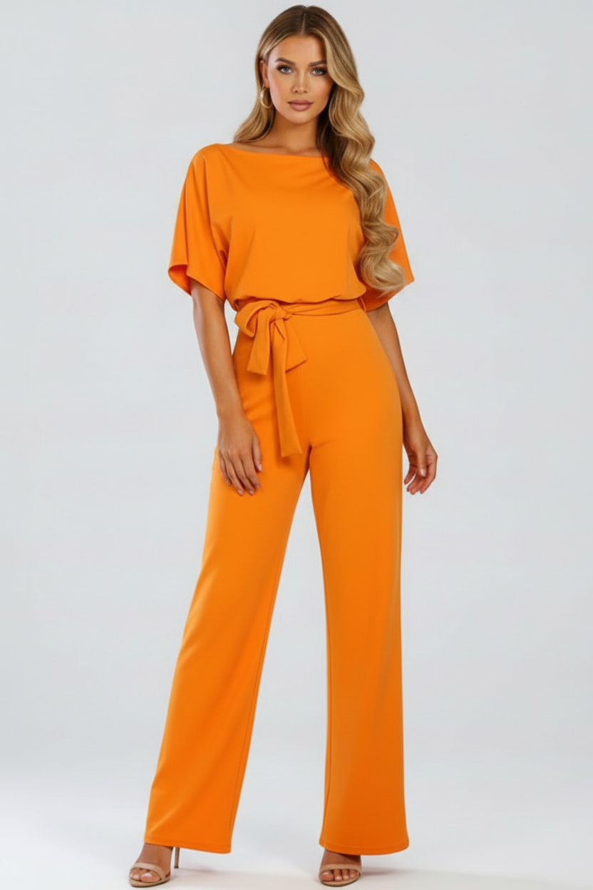 Round Neck Jumpsuit with Tie Waist and Wide Legs