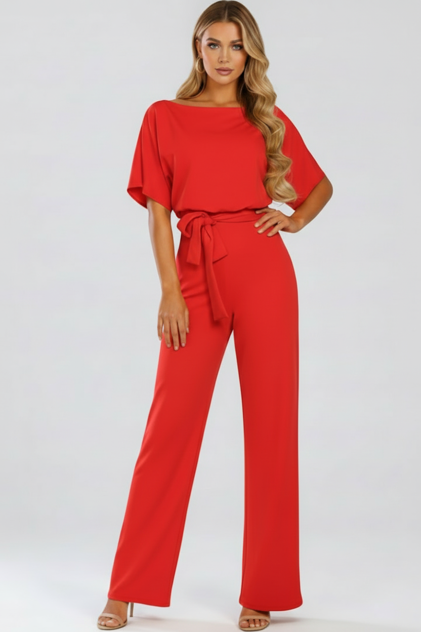 Round Neck Jumpsuit with Tie Waist and Wide Legs
