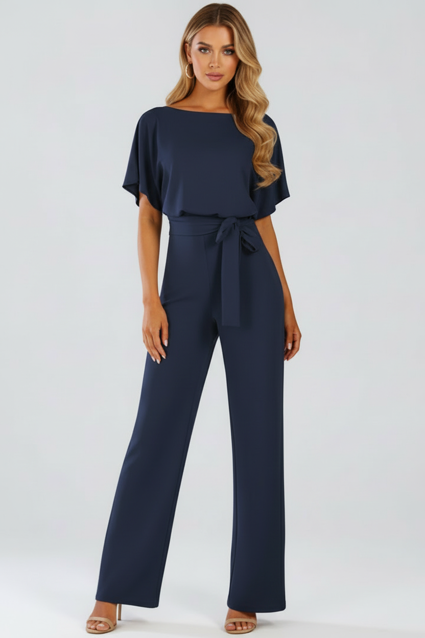 Round Neck Jumpsuit with Tie Waist and Wide Legs