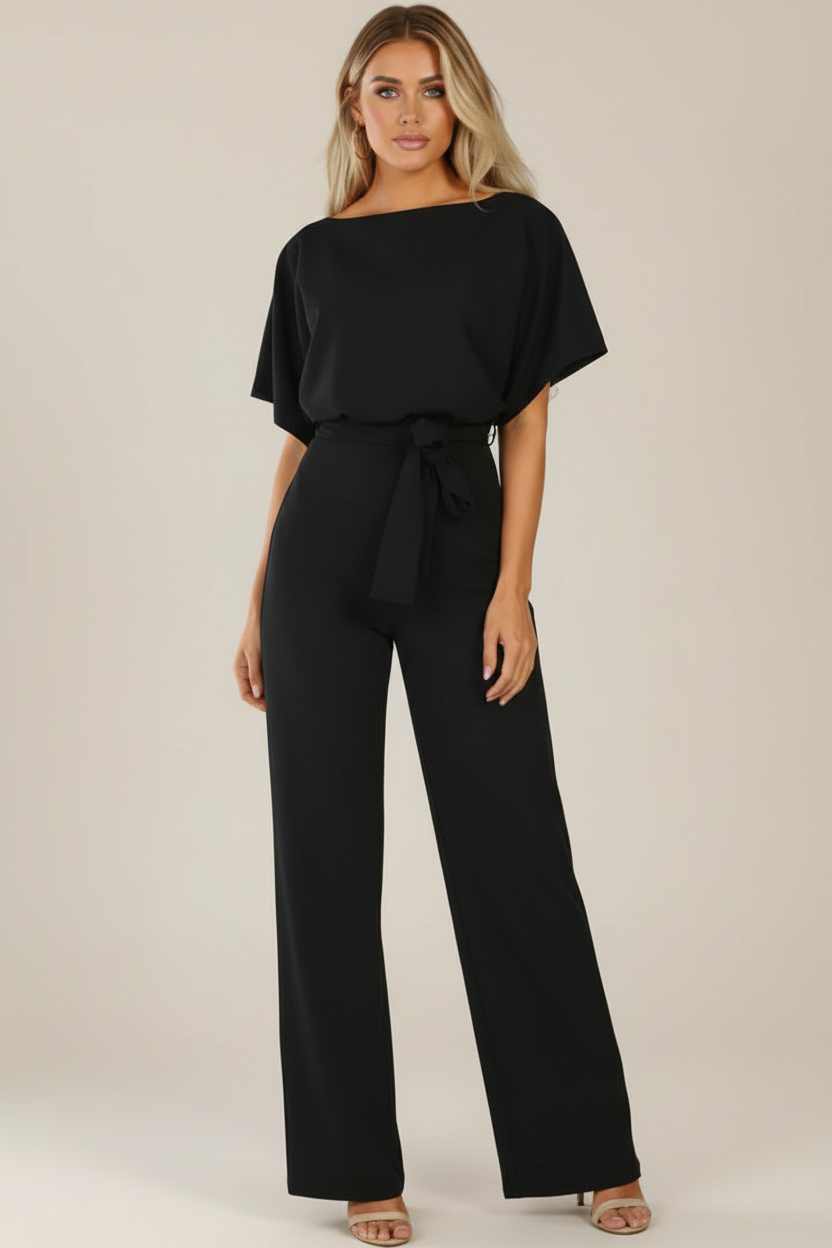 Round Neck Jumpsuit with Tie Waist and Wide Legs