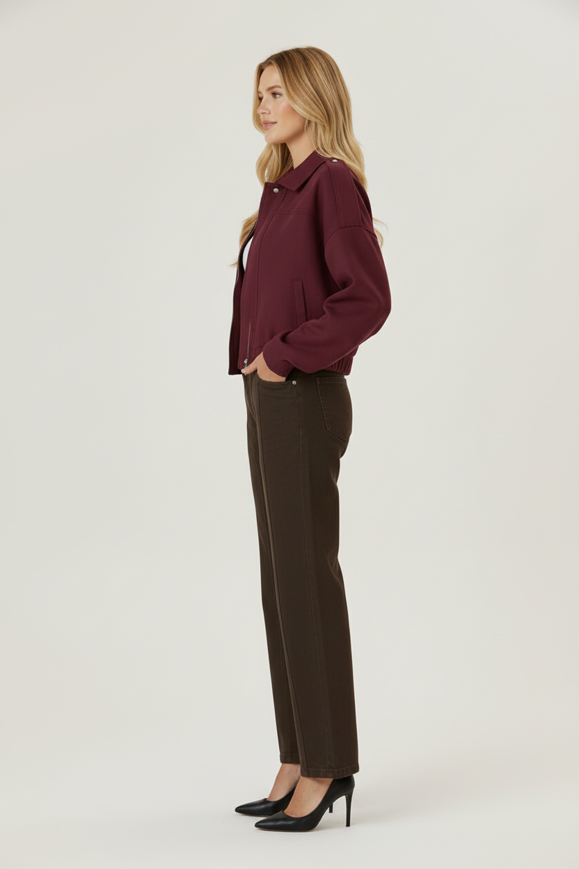 Short Cut Womens Jacket with Structured Shoulders and Zip Front