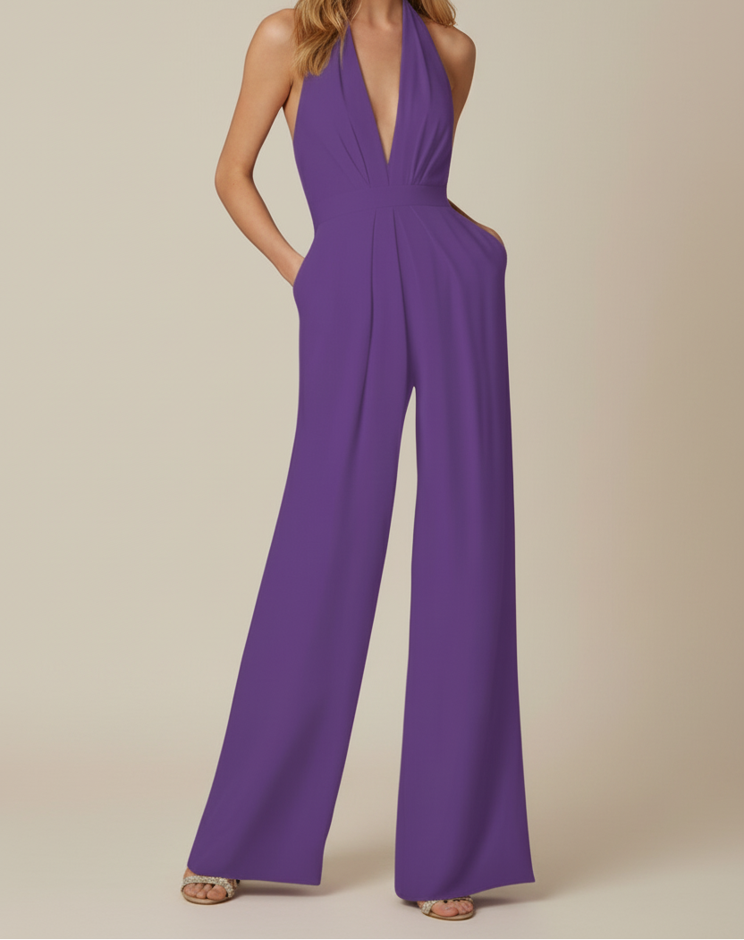 Women’s Halter Neck Jumpsuit with Shaped Waist and Wide Legs
