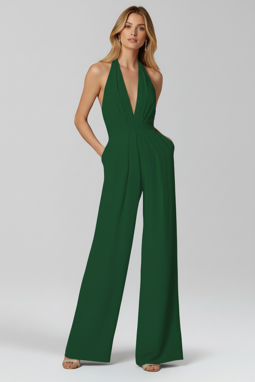 Women’s Halter Neck Jumpsuit with Shaped Waist and Wide Legs