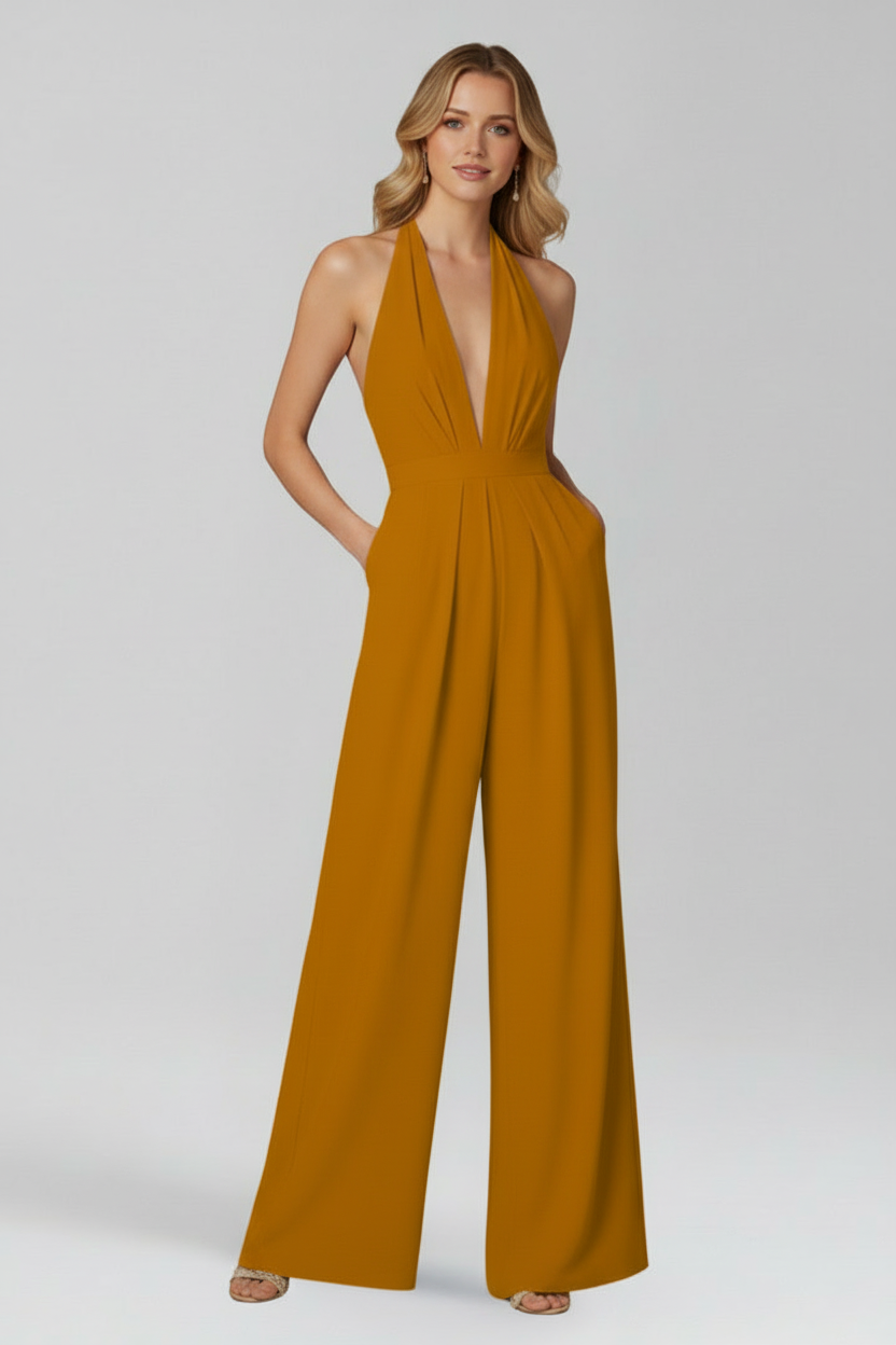 Women’s Halter Neck Jumpsuit with Shaped Waist and Wide Legs