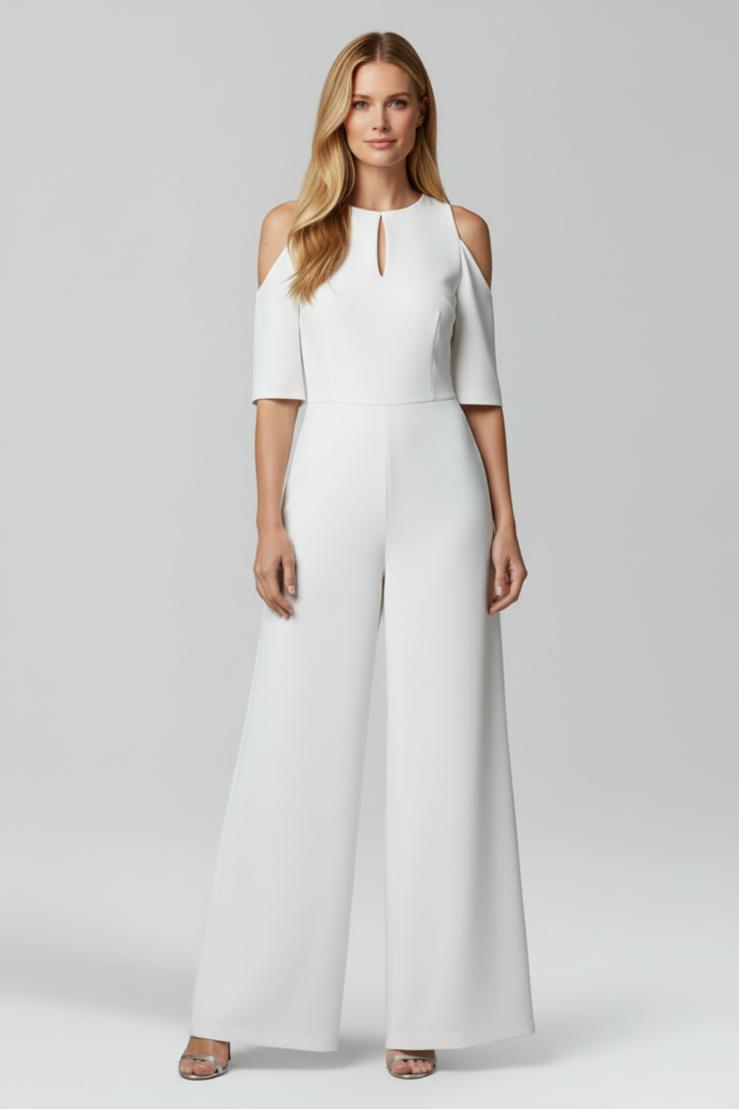 Women’s Short Sleeve Jumpsuit with Round Neck and Wide Legs