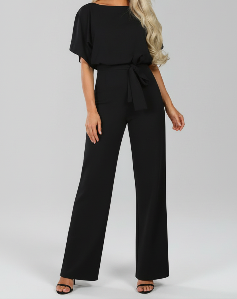 Women’s Short Sleeve Jumpsuit with Waist Tie and Wide Legs