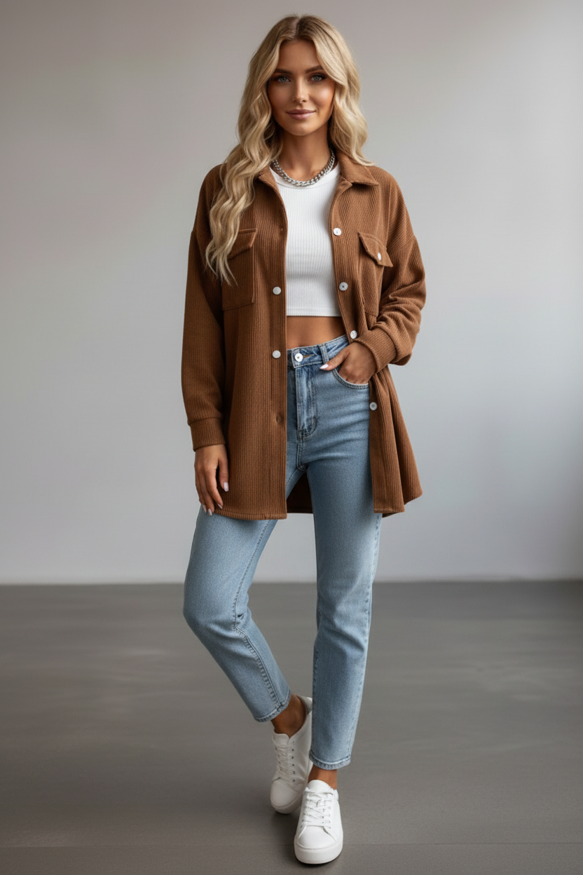 Women’s Corduroy Overshirt with Button Placket and Chest Pockets