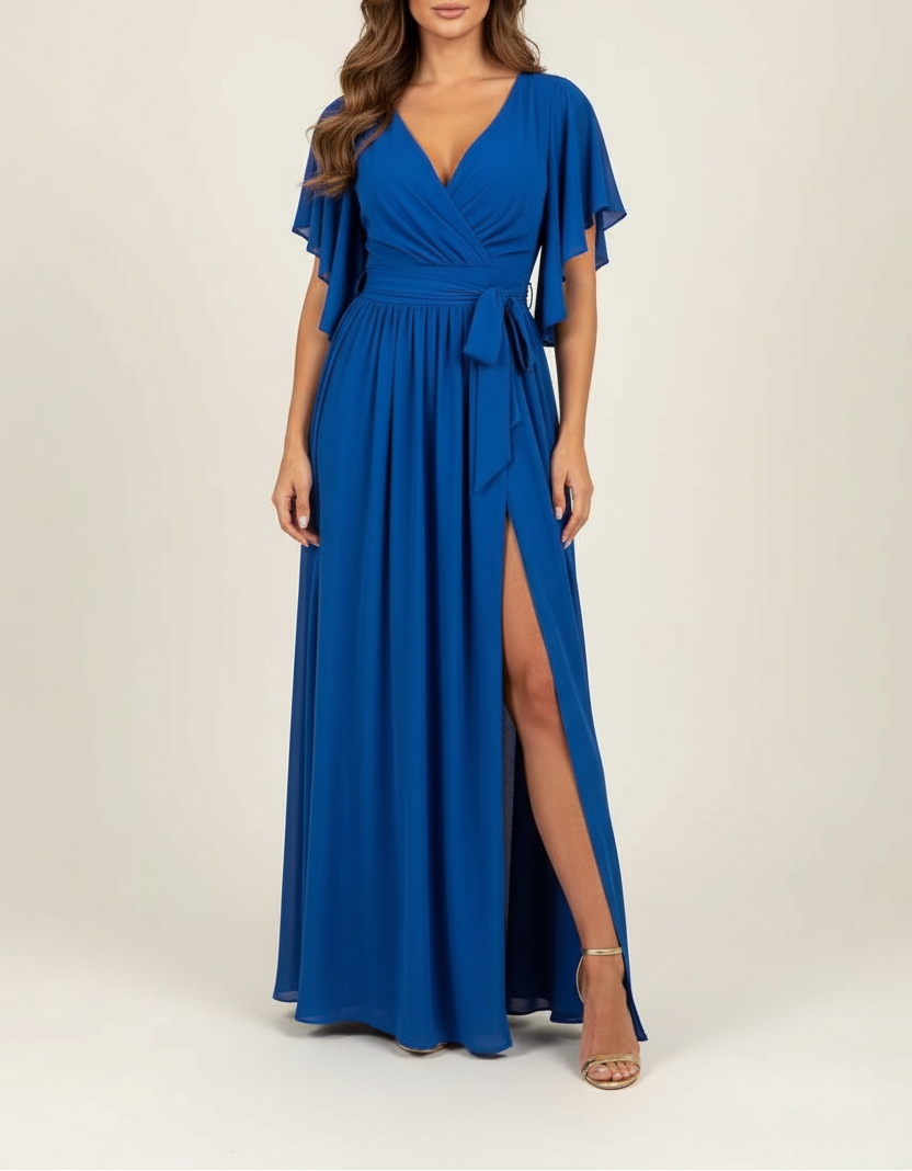 Wrap Waist Maxi Dress with Flutter Sleeves