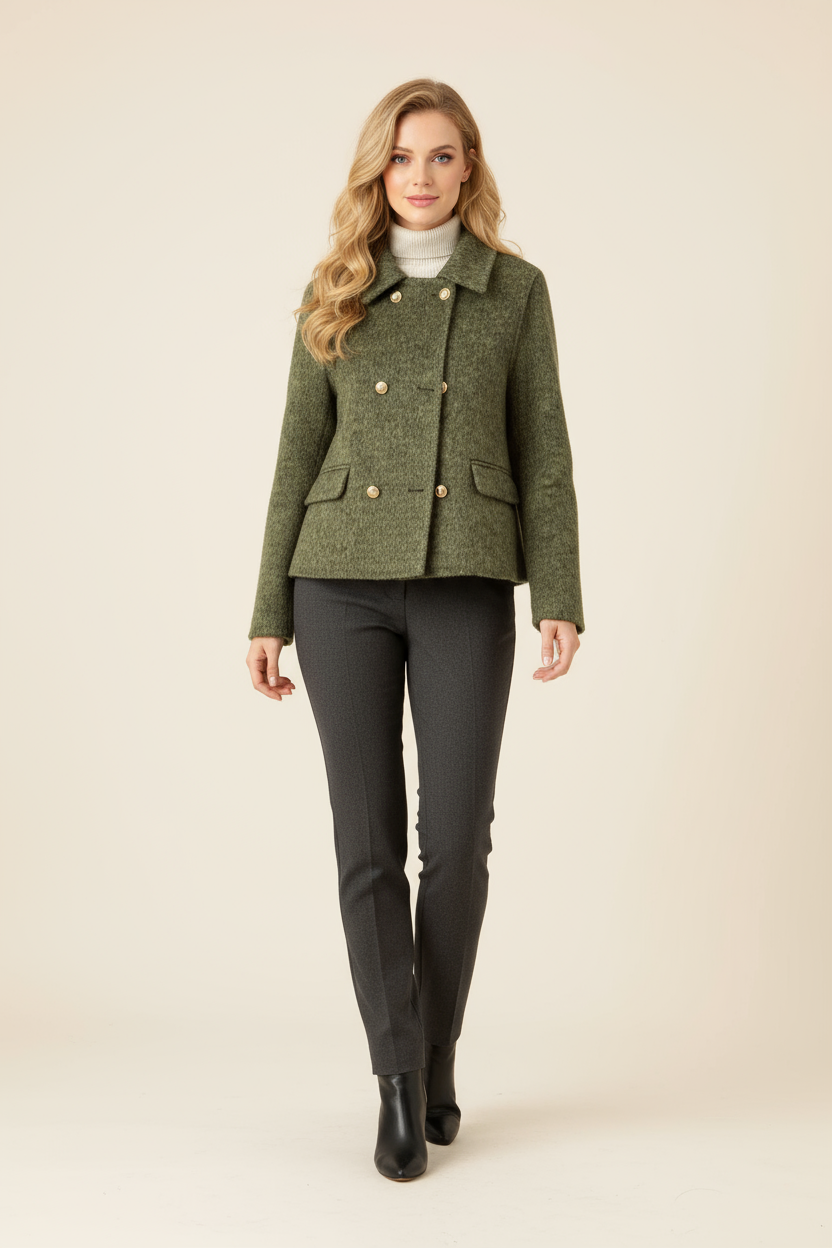 Elegant Coat Women Gold Buttons and Tailored Doll Collar