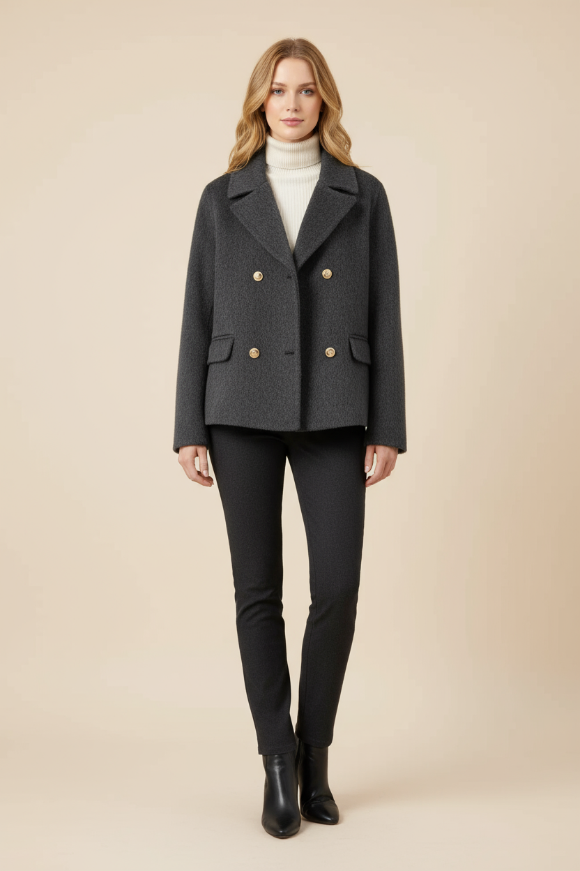 Elegant Coat Women Gold Buttons and Tailored Doll Collar