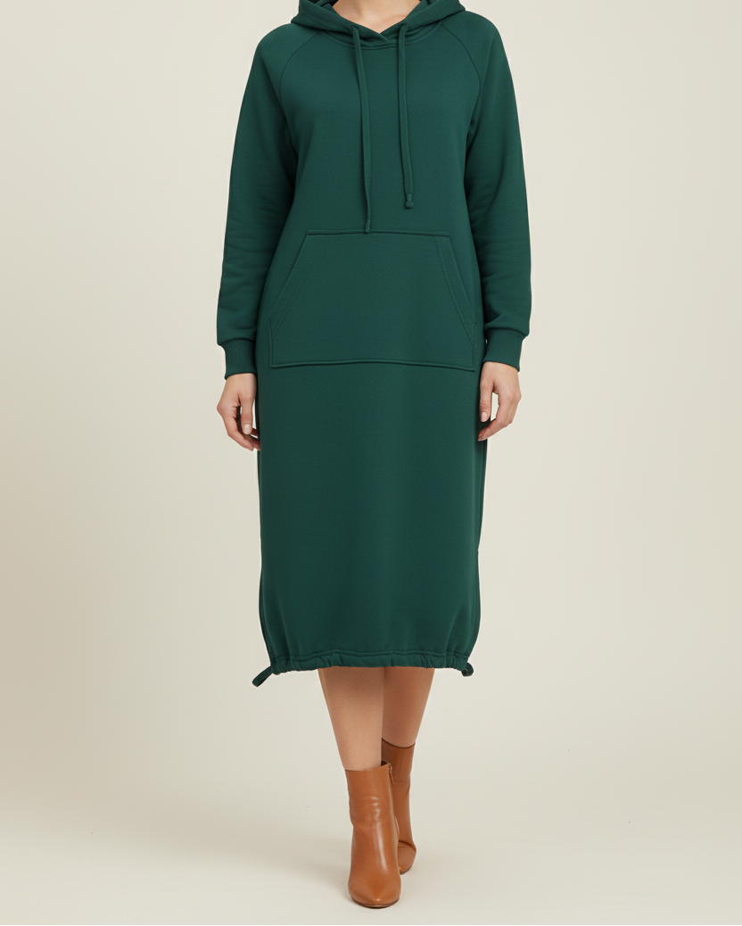 Hooded Knee Length Dress with Drawstring Hem and Front Pocket