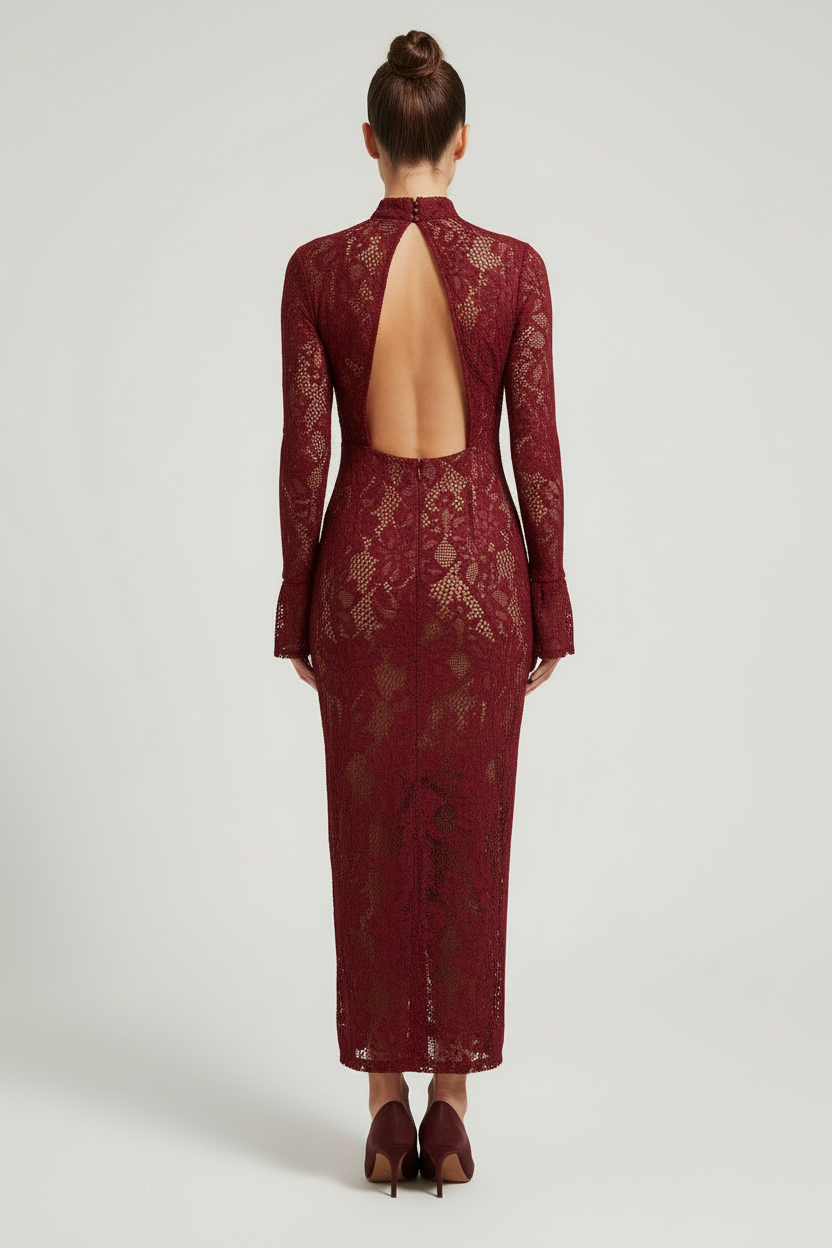 Floral Lace Dress with Bell Sleeves and Keyhole Detail