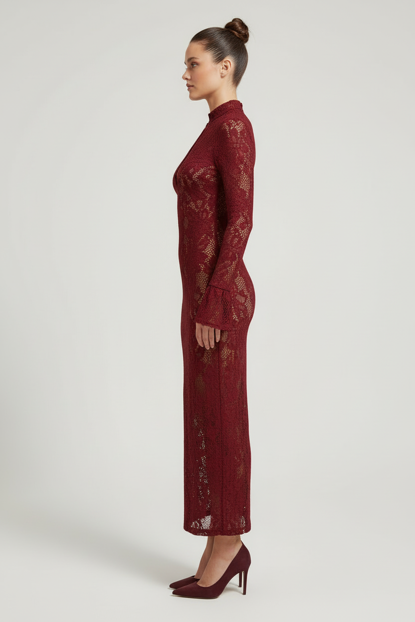 Floral Lace Dress with Bell Sleeves and Keyhole Detail