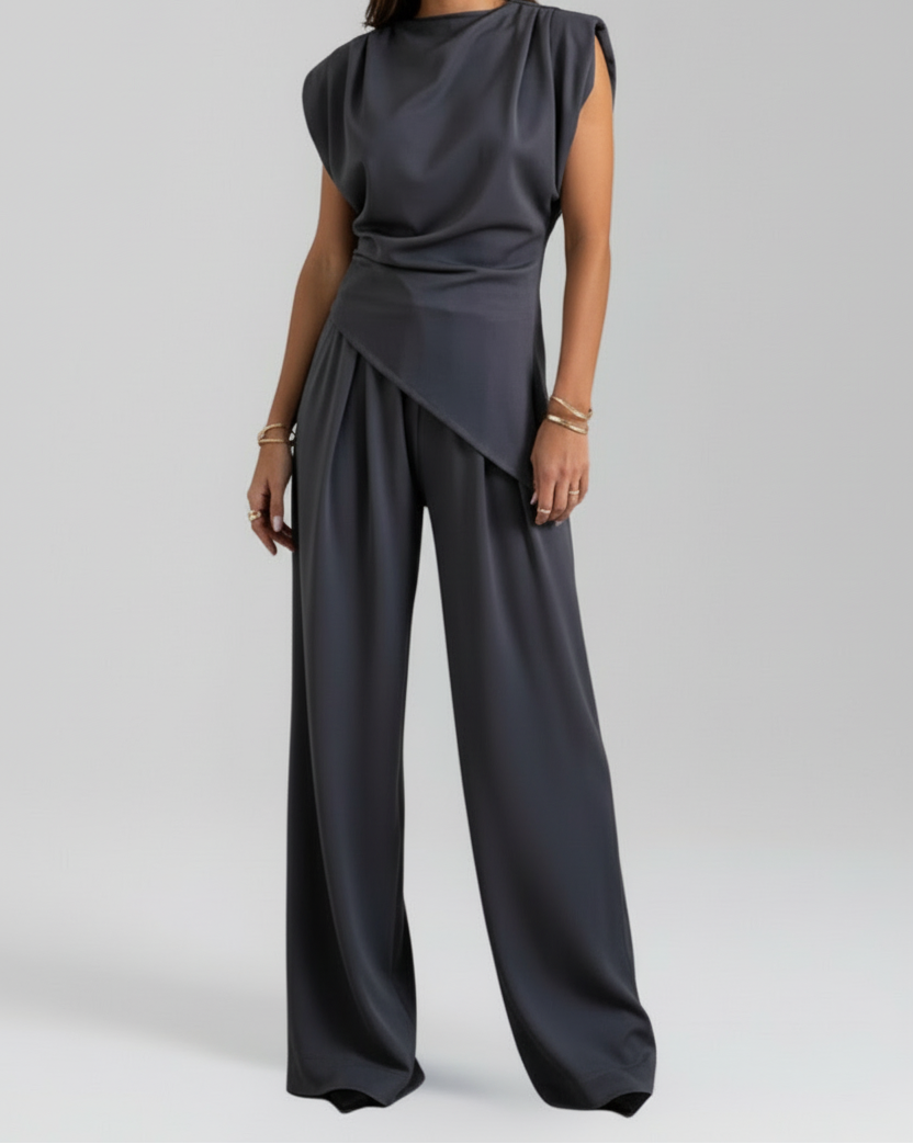 Asymmetric Neckline Wide Leg Jumpsuit with Fitted Waist