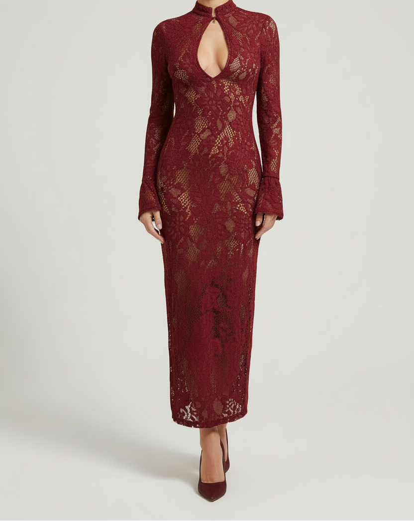 Floral Lace Dress with Bell Sleeves and Keyhole Detail