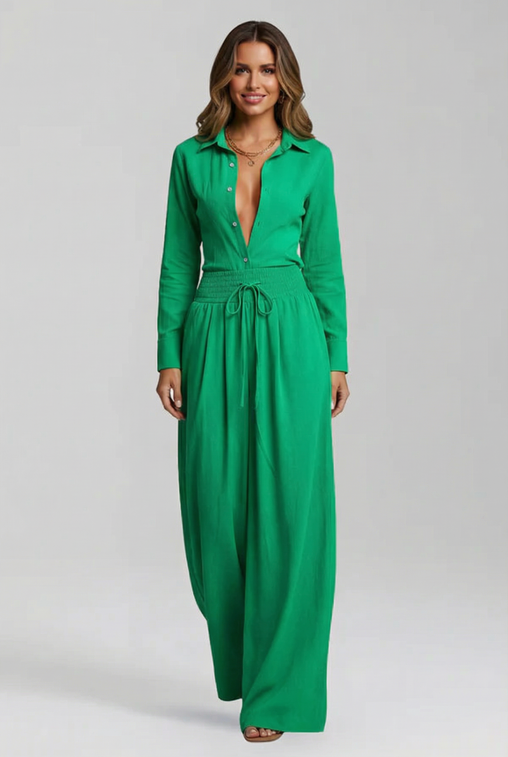 Collared Button Front Jumpsuit Two Piece Set with Wide Leg Silhouette
