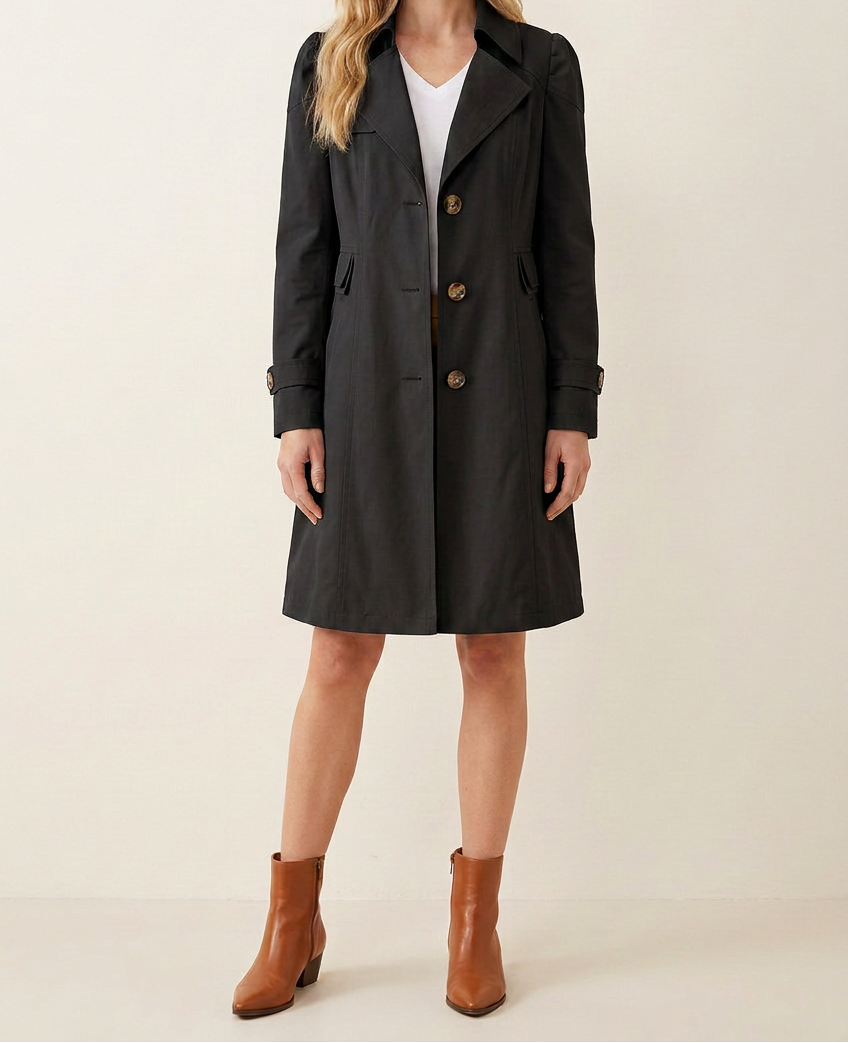 Womens Trench Coat with Notched Lapel and Button Front Fit