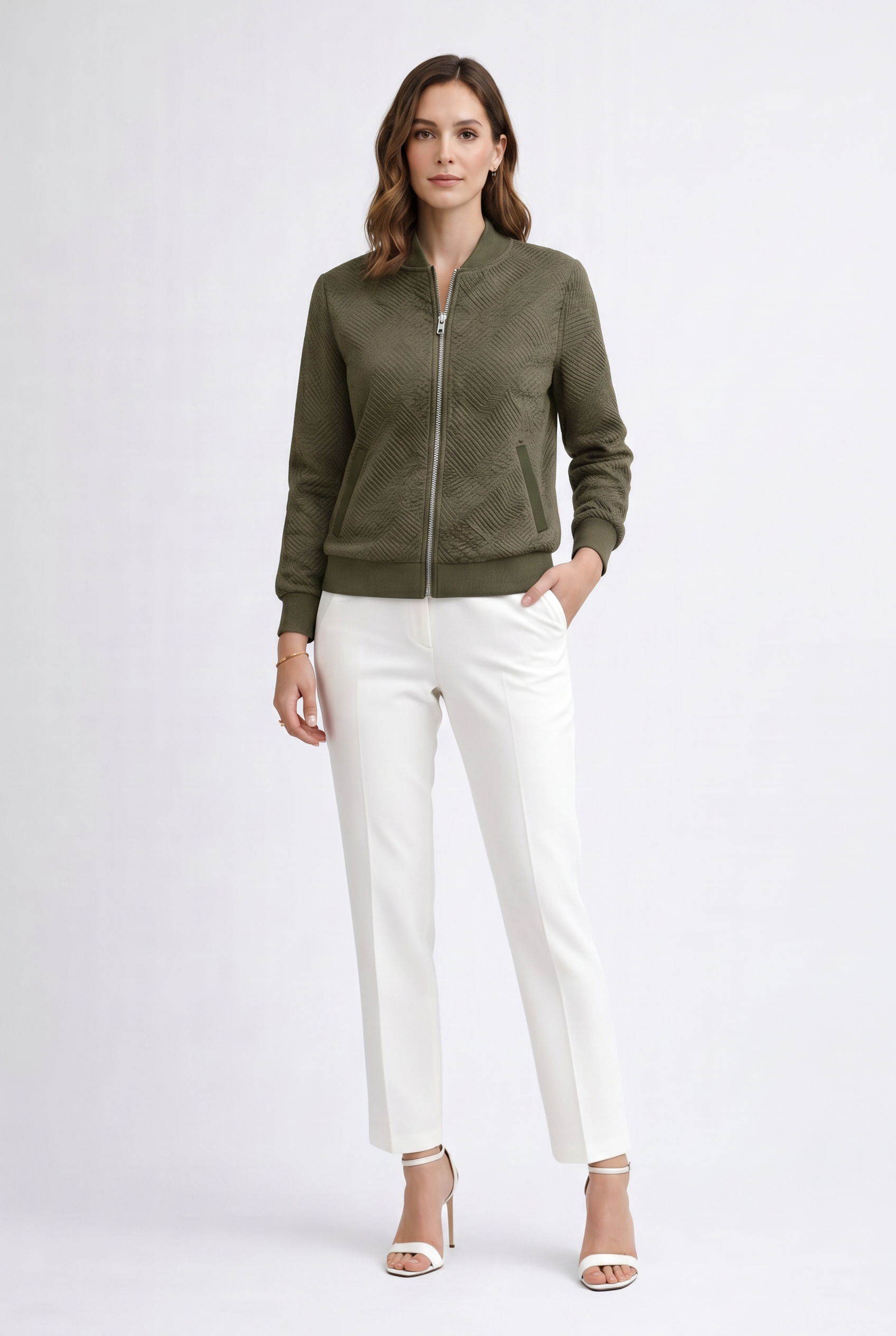 Women’s Textured Bomber Jacket with Ribbed Cuffs and Zip Front