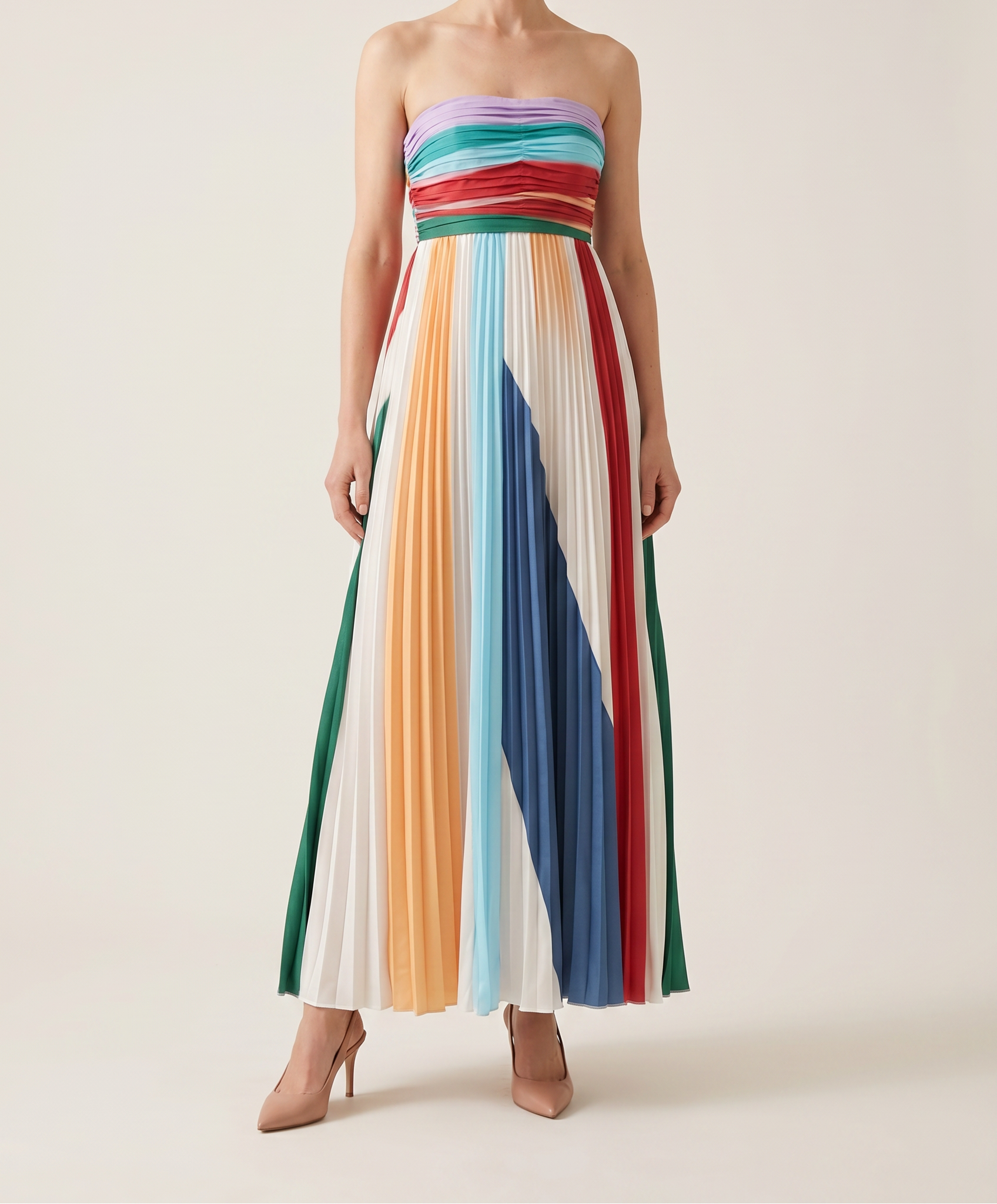Plisseret Strapless Maxi Kjole i Juvelfarver