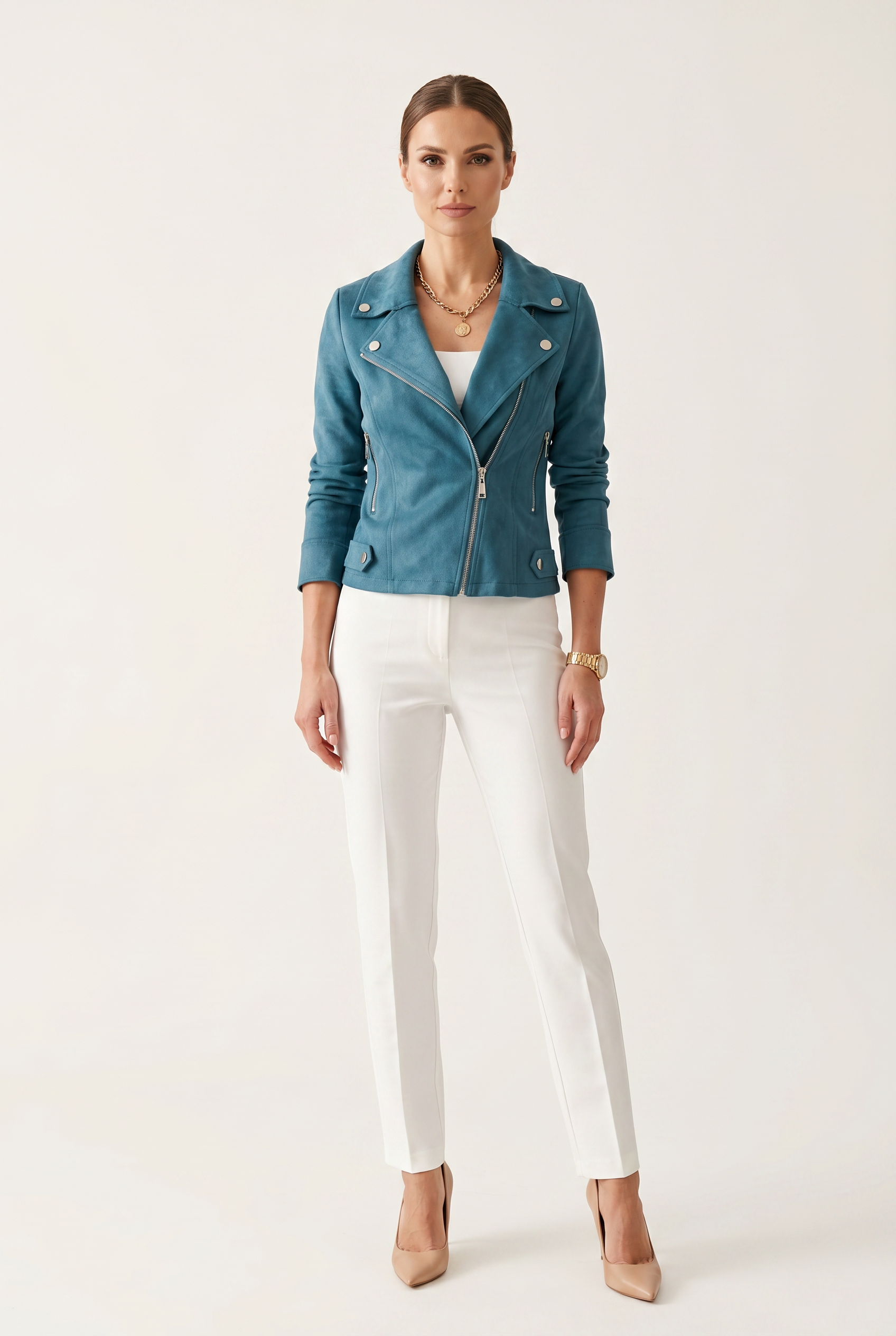 Women’s Cropped Biker Jacket with Statement Details