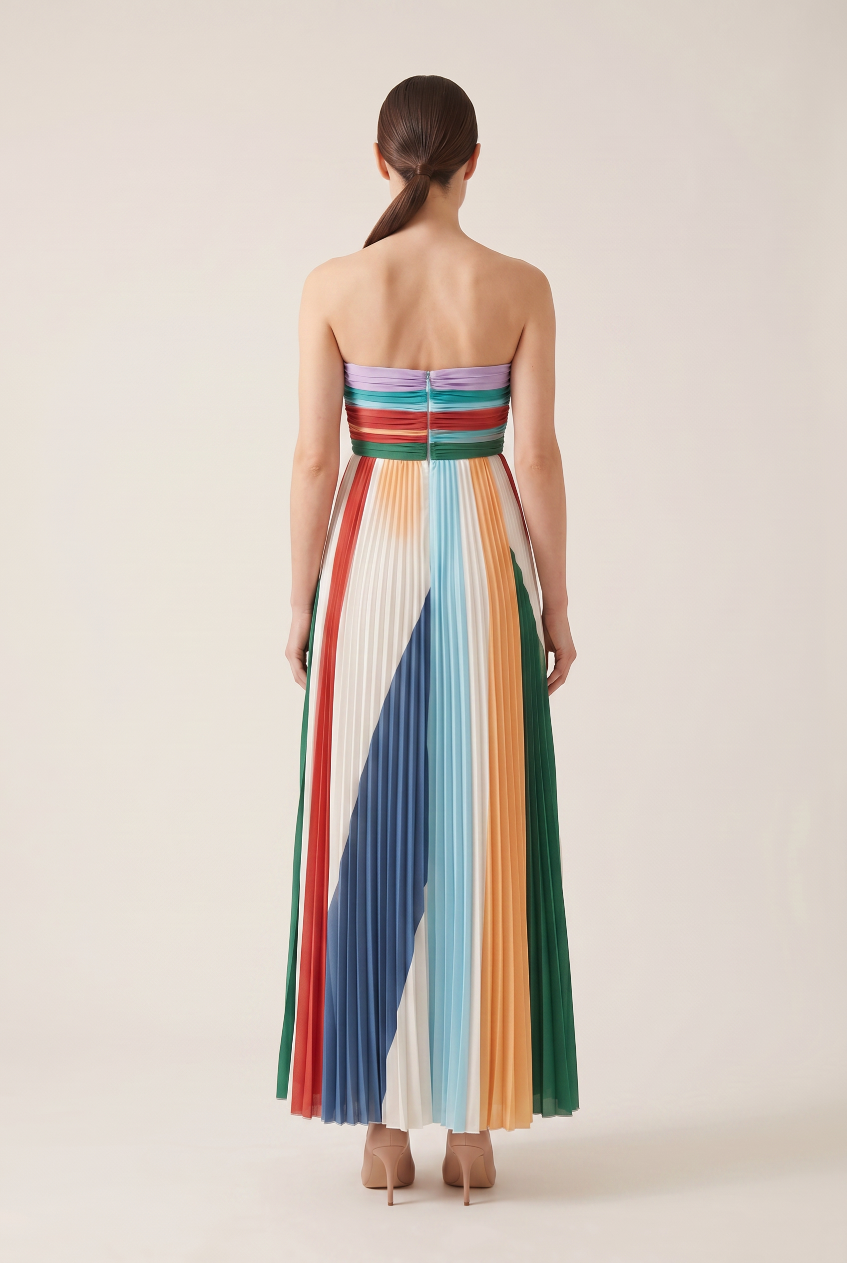 Plisseret Strapless Maxi Kjole i Juvelfarver