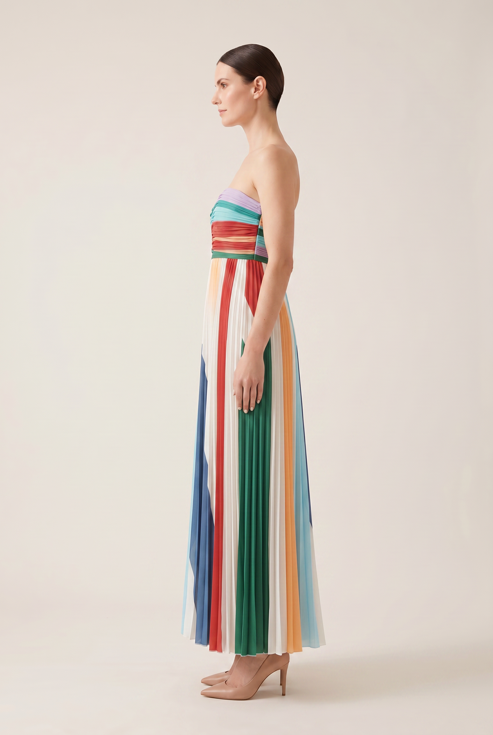 Plisseret Strapless Maxi Kjole i Juvelfarver