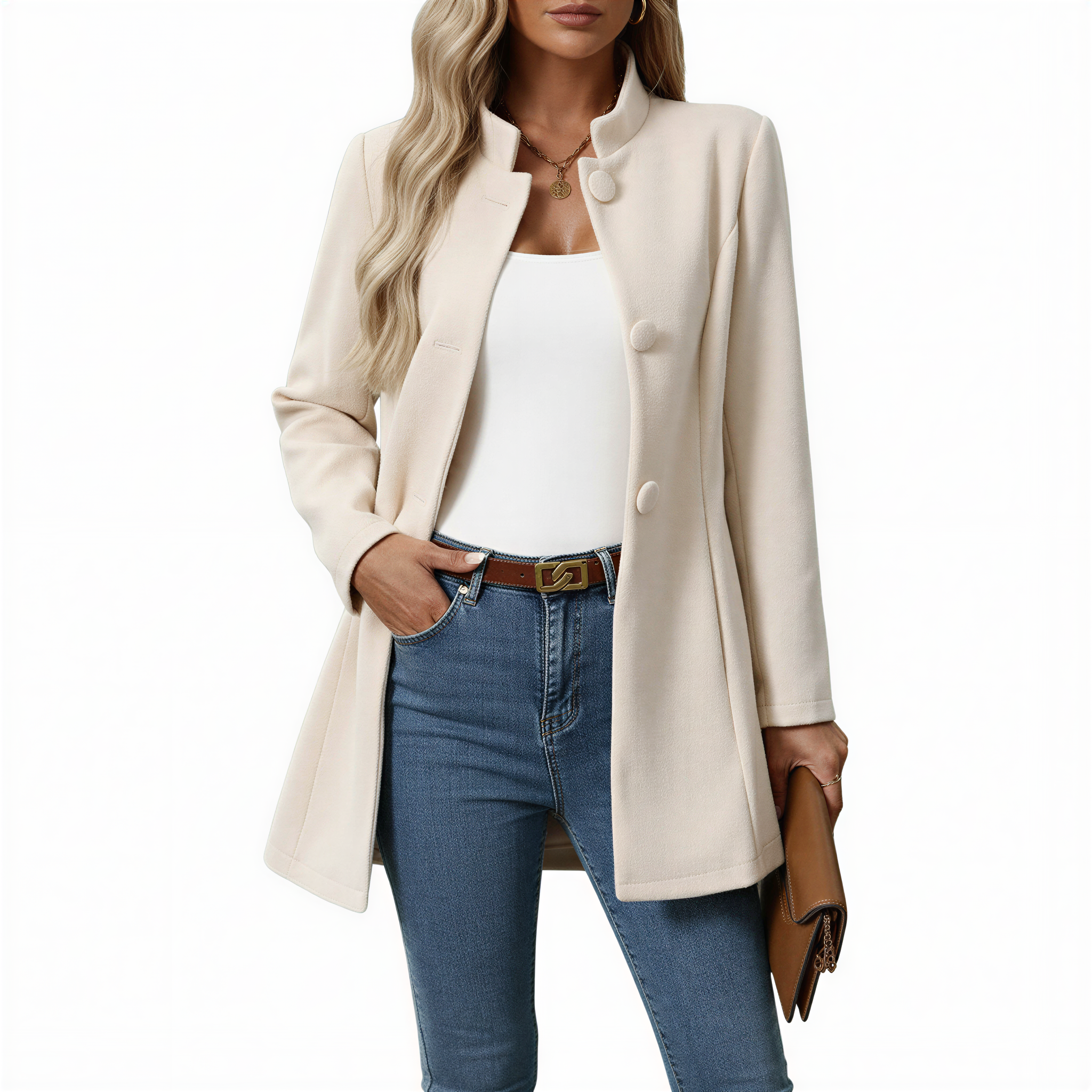 Women’s Button Front A-Line Coat with Stand Collar