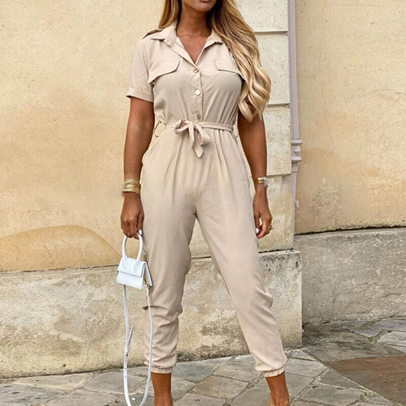 Women’s Belted Short Sleeve Jumpsuit with Button-Down Front