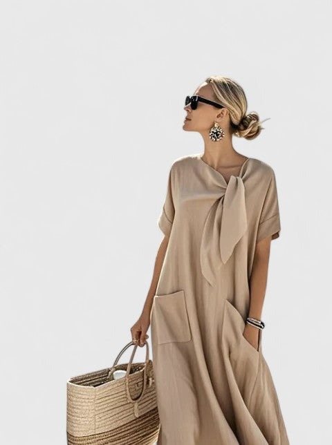 Women’s Summer Maxi Dress with Neck Tie and Pockets