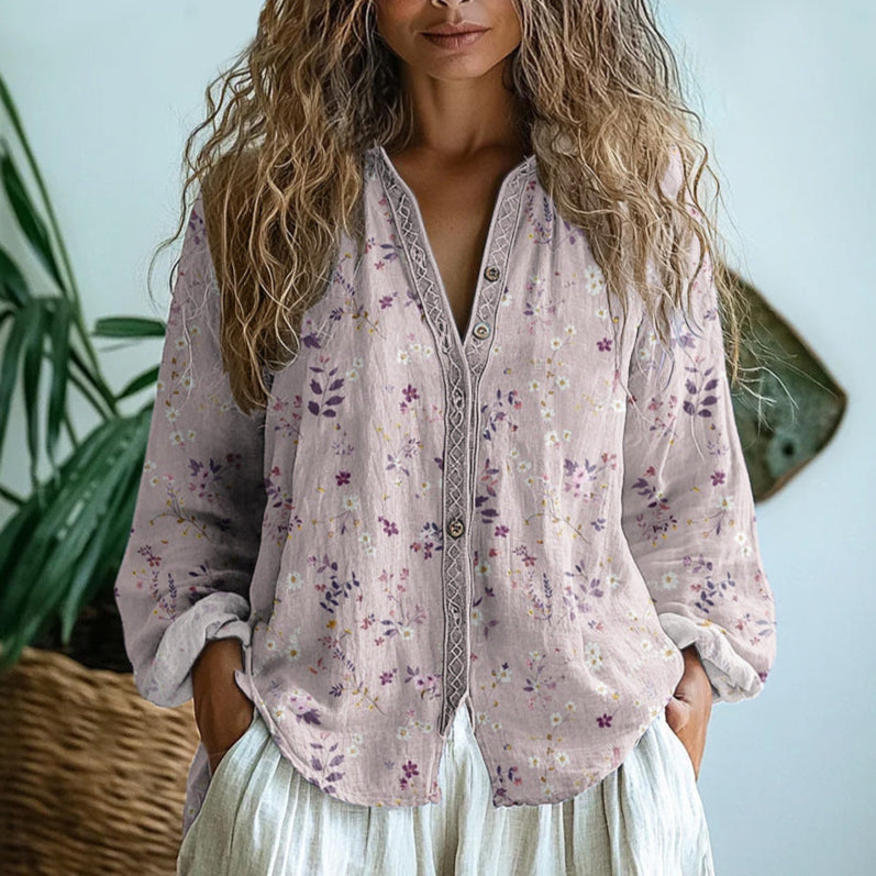 Women’s Embroidered V-Neck Blouse with Long Sleeves